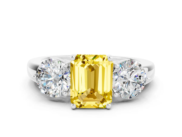 Platinum Emerald Cut Yellow Sapphire Three-Stone Ring with Prong Setting and Classic Band
