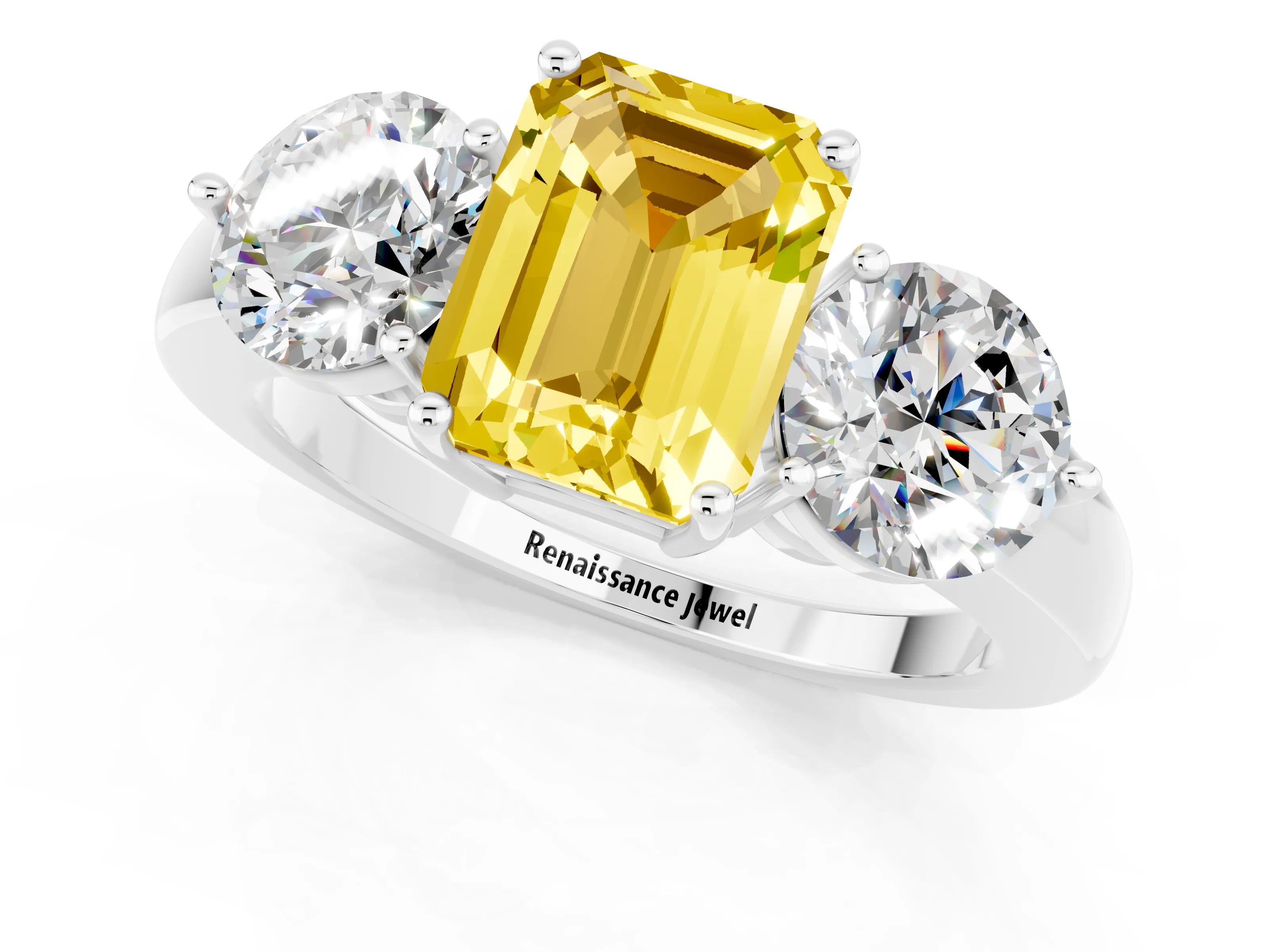 White gold Emerald Cut Yellow Sapphire Three-Stone Ring with Prong Setting and Classic Band_1