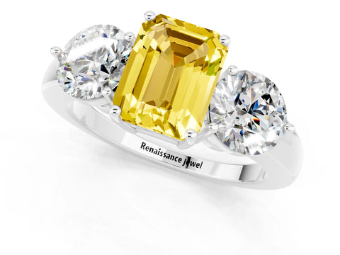 White gold Emerald Cut Yellow Sapphire Three-Stone Ring with Prong Setting and Classic Band_1