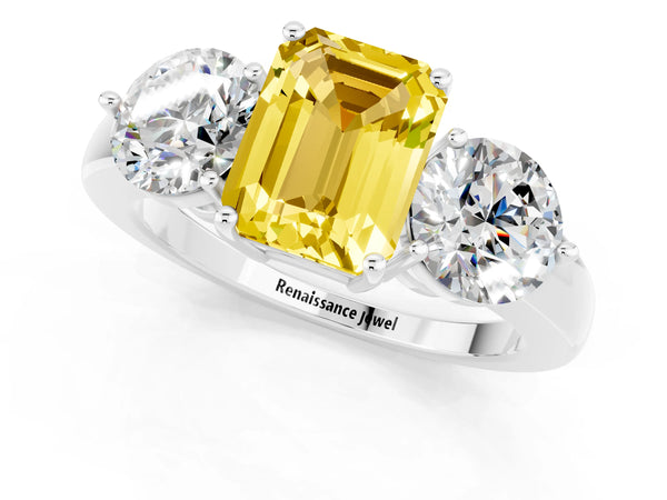 White gold Emerald Cut Yellow Sapphire Three-Stone Ring with Prong Setting and Classic Band