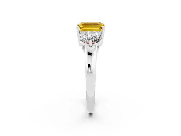 White gold Emerald Cut Yellow Sapphire Three-Stone Ring with Prong Setting and Classic Band
