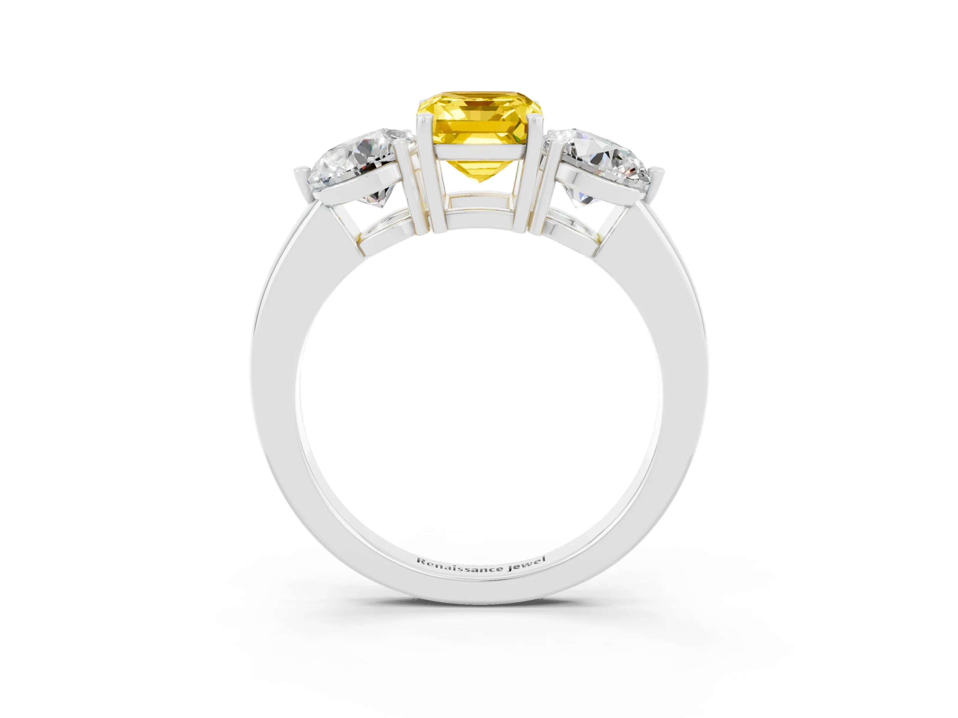 White gold Emerald Cut Yellow Sapphire Three-Stone Ring with Prong Setting and Classic Band_3