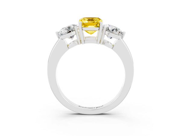 Silver Emerald Cut Yellow Sapphire Three-Stone Ring with Prong Setting and Classic Band