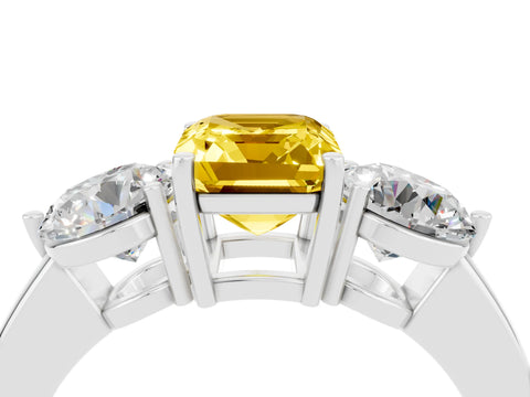 White gold Emerald Cut Yellow Sapphire Three-Stone Ring with Prong Setting and Classic Band_4