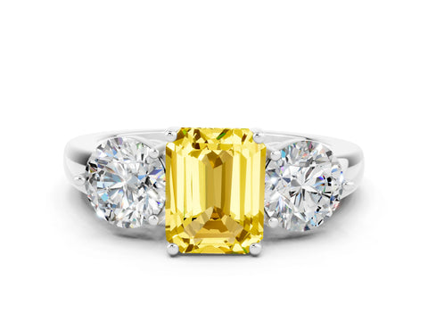 White gold Emerald Cut Yellow Sapphire Three-Stone Ring with Prong Setting and Classic Band