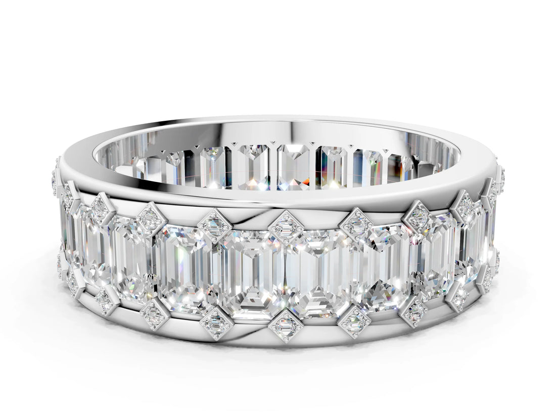 Silver Emerald Cut and Round Diamond Eternity Mens Band