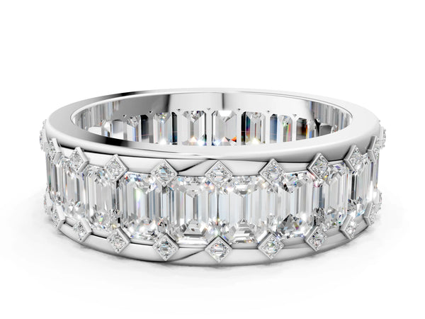 Silver Emerald Cut and Round Diamond Eternity Mens Band