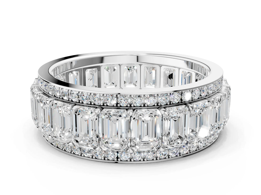 10K White Gold Emerald Cut and Round Diamond Multi-Row Mens Band