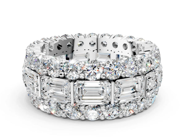 Silver Emerald Cut and Round Diamond Three-Row Eternity Mens Band