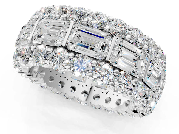 Platinum Emerald Cut and Round Diamond Three-Row Eternity Mens Band