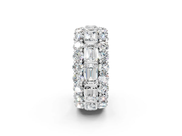 Silver Emerald Cut and Round Diamond Three-Row Eternity Mens Band