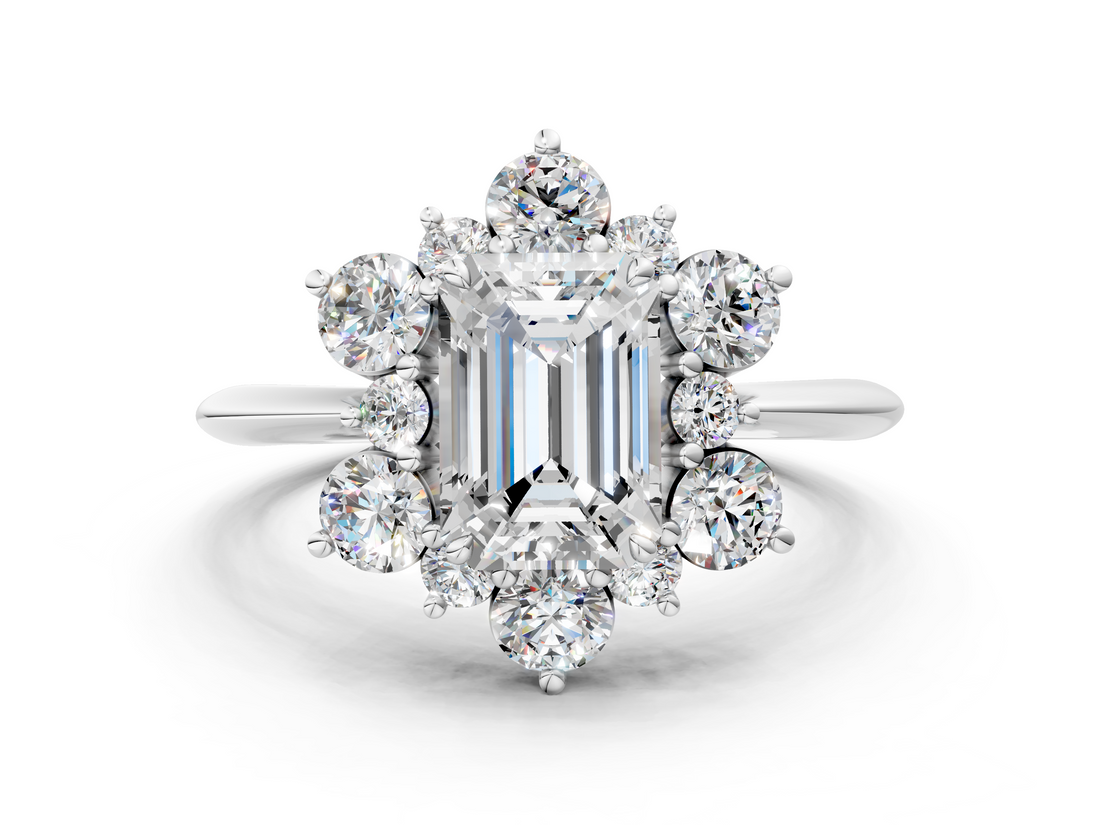 White gold Emerald Diamond Cluster Halo Ring with Solitaire Band and Four-Prong Setting_20