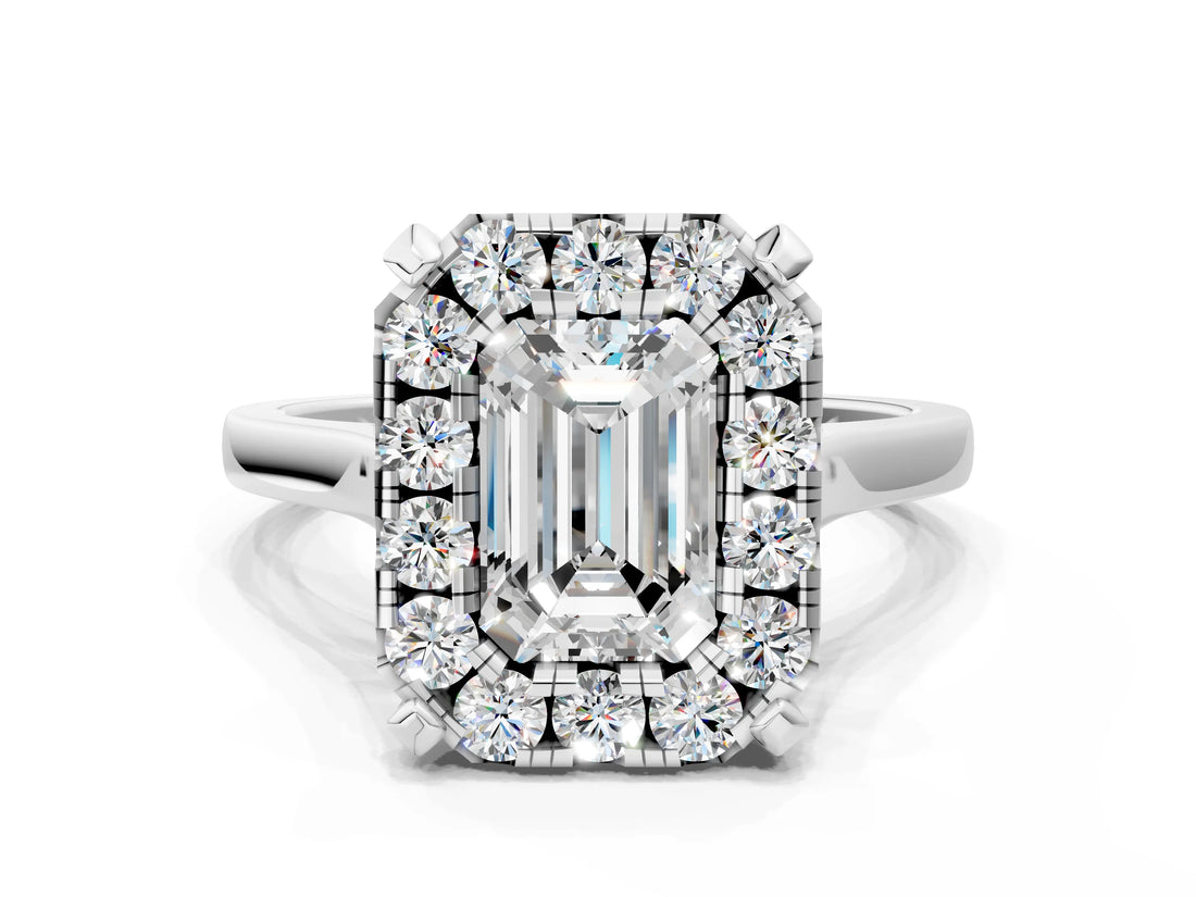White gold Emerald Diamond Cluster Halo Solitaire with Four-Prong Setting_77