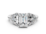 White gold Emerald Diamond Cluster Leaf Design Ring with Prong Setting_103
