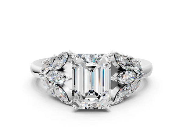 Platinum Emerald Cut Cluster Leaf Engagement Ring Setting with Marquise Accents
