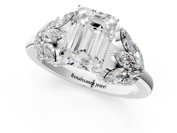 Platinum Emerald Cut Cluster Leaf Engagement Ring Setting with Marquise Accents