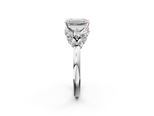 Platinum Emerald Cut Cluster Leaf Engagement Ring Setting with Marquise Accents
