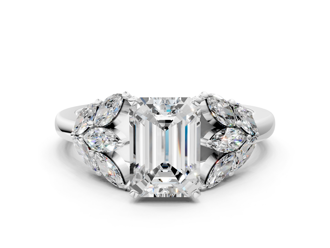 White gold Emerald Diamond Cluster Leaf Design Ring with Prong Setting_105