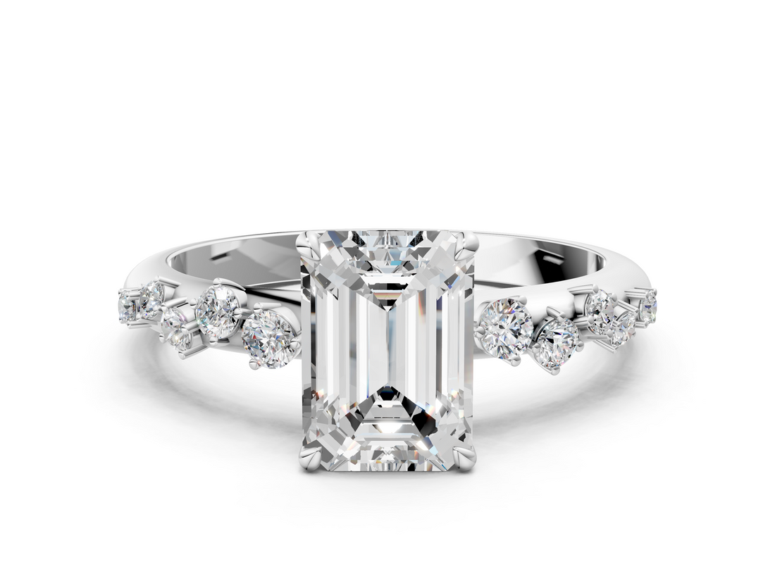 White gold Emerald Diamond Cluster Prong-Set Solitaire Ring_67