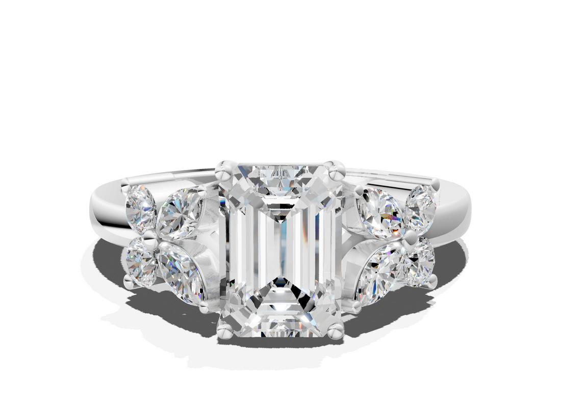 White gold Emerald Diamond Floral Cluster Ring with Solitaire Band and Prong Setting_106