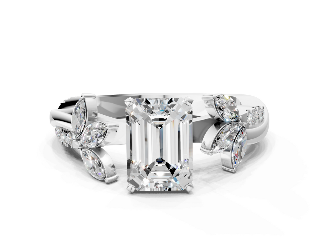 White gold Emerald Diamond Floral Vine Solitaire Engagement Ring_36