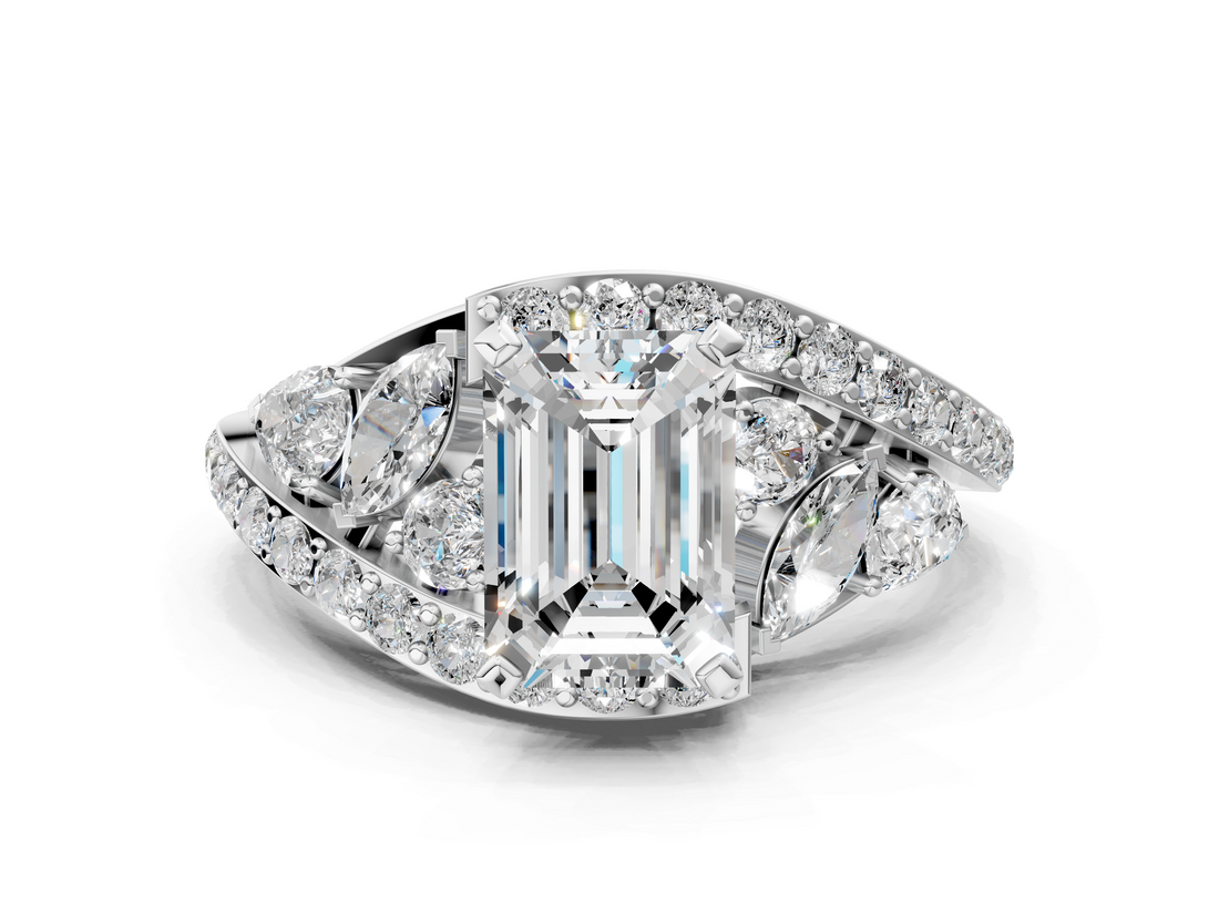 White gold Emerald Diamond Halo Ring with Marquise and Pavé Band in Prong Setting_130