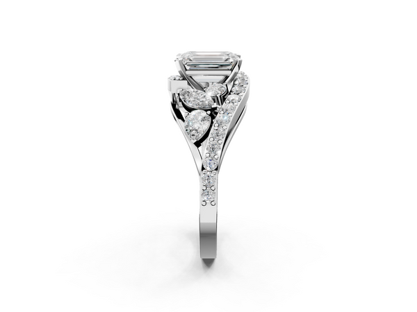 White gold Emerald Diamond Halo Ring with Marquise and Pavé Band in Prong Setting