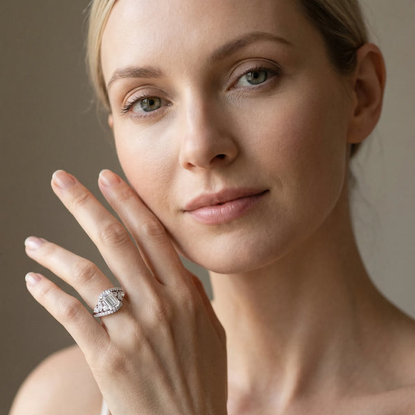 White gold Emerald Diamond Halo Ring with Marquise and Pavé Band in Prong Setting