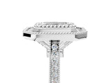 White gold Emerald Diamond Halo Ring with Milgrain Frame and Pavé Band 5