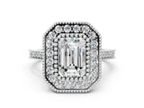 White gold Emerald Diamond Halo Ring with Milgrain Frame and Pavé Band