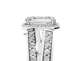 White gold Emerald Diamond Halo Ring with Split Shank Pavé Band and Four-Prong Setting_11