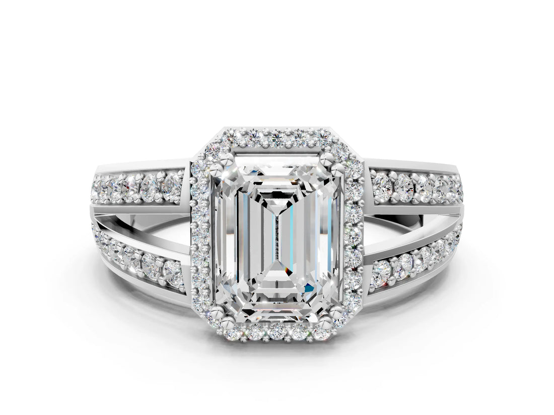 White gold Emerald Diamond Halo Ring with Split Shank Pavé Band and Four-Prong Setting_6