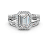 White gold Emerald Diamond Halo Ring with Split Shank Pavé Band and Four-Prong Setting_6