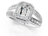 White gold Emerald Diamond Halo Ring with Split Shank Pavé Band and Four-Prong Setting_7