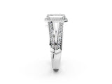 White gold Emerald Diamond Halo Ring with Split Shank Pavé Band and Four-Prong Setting_8
