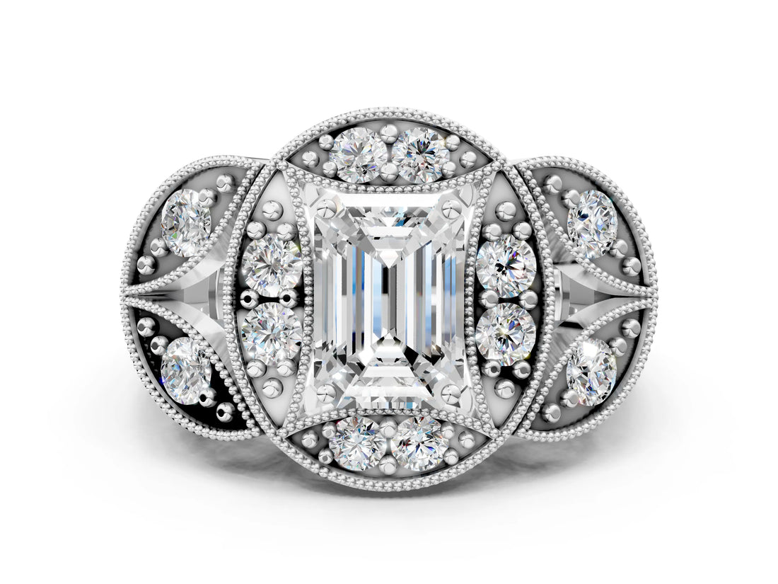 White gold Emerald Diamond Milgrain Marquise Filigree Engagement Ring with Prong Setting_6