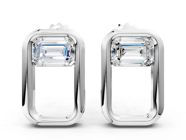 White gold Emerald Diamond Open Frame Stud Earrings