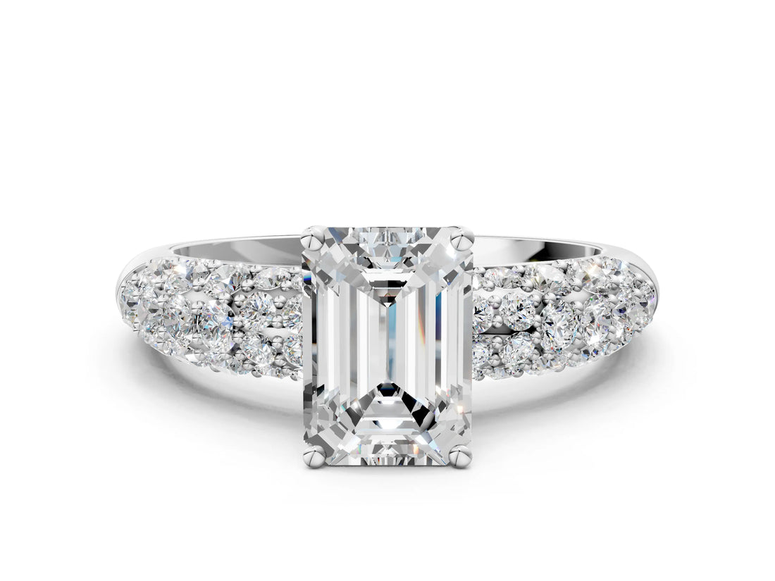 White gold Emerald Diamond Pavé Band Solitaire Ring with Four-Prong Setting_47
