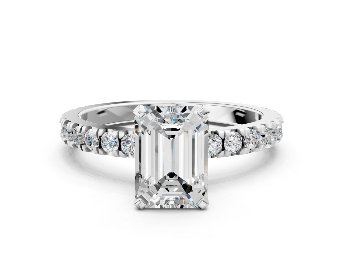 White gold Emerald Diamond Pavé Band Solitaire with Four-Prong Setting_234