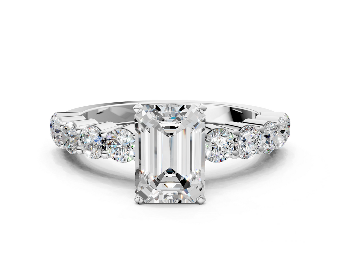 White gold Emerald Diamond Pavé Band Solitaire with Four-Prong Setting_38