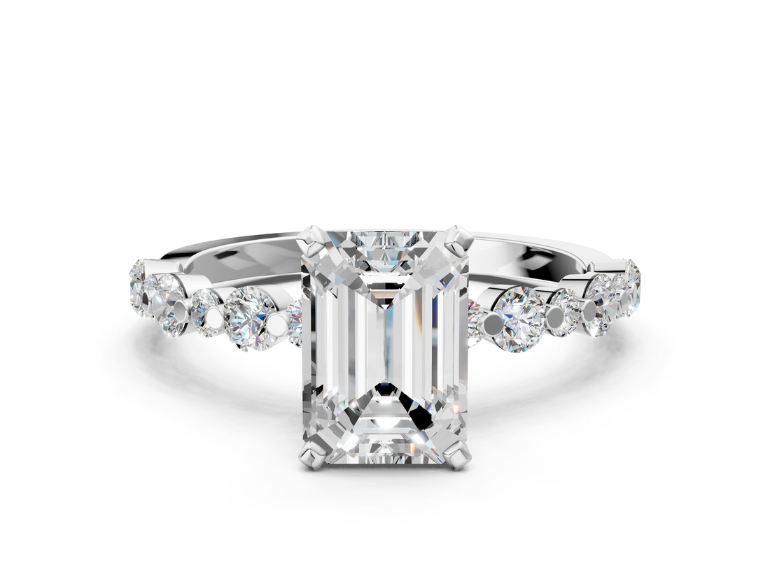 White gold Emerald Diamond Prong Set Engagement Ring with Pave Band_247