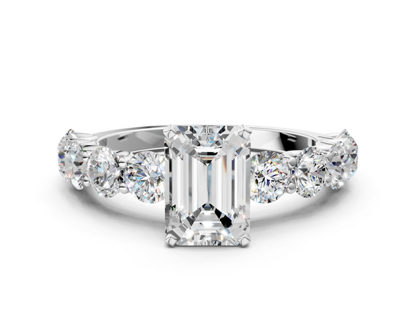 White gold Emerald Cut Diamond Prong Setting with Side Stones on a Pave Band
