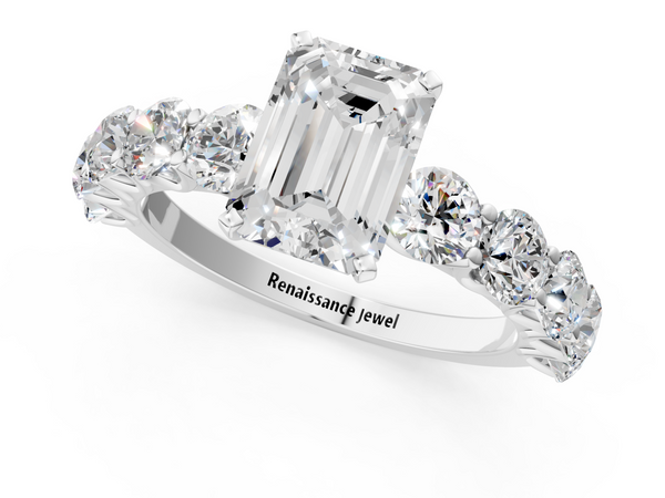 White gold Emerald Cut Diamond Prong Setting with Side Stones on a Pave Band