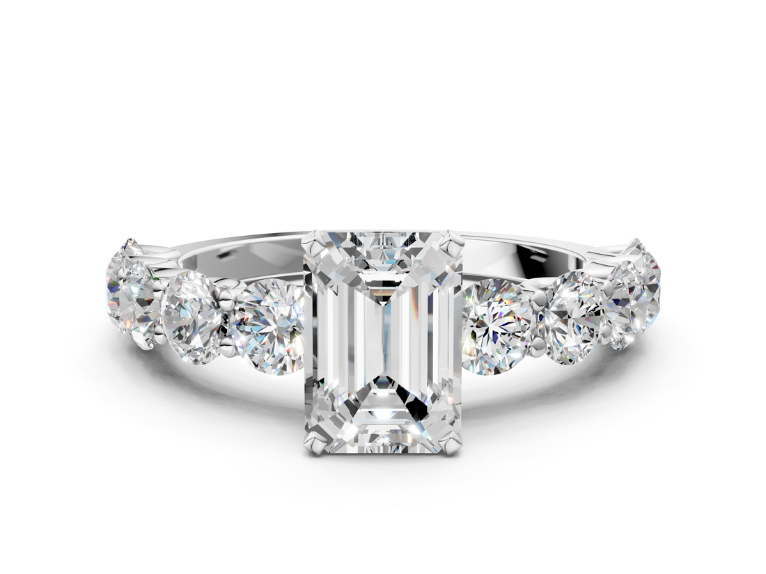 White gold Emerald Diamond Prong Setting with Side Stones on a Pave Band_182