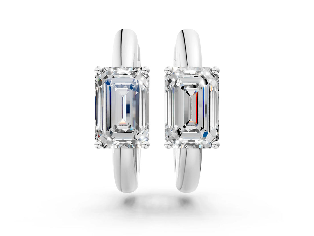 White gold Emerald Diamond Solitaire Huggie Hoop Earrings