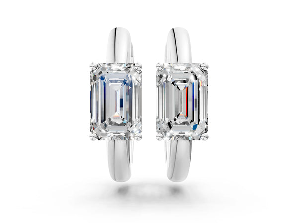 White gold Emerald Diamond Solitaire Huggie Hoop Earrings