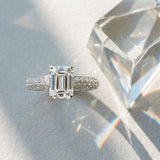 White gold Emerald Diamond Solitaire Ring with Prong Setting and Pavé Band_16