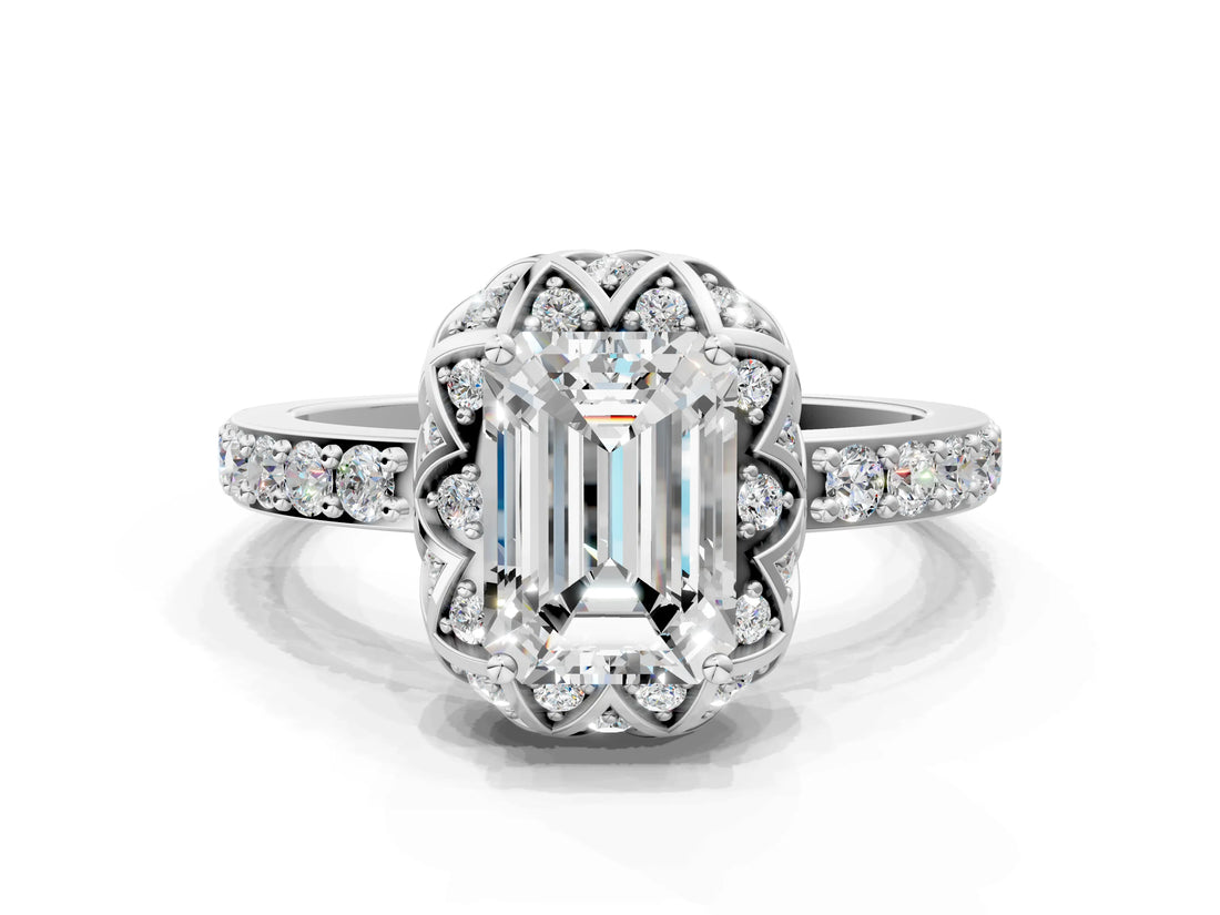 White gold Emerald Diamond Solitaire Ring with Shared Prong Pavé Band_53