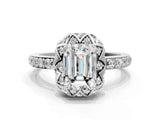 White gold Emerald Diamond Solitaire Ring with Shared Prong Pavé Band_53