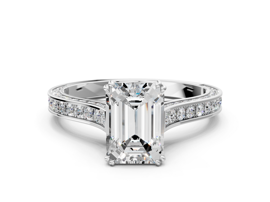 White gold Emerald Diamond Solitaire with Pave Band and Six-Prong Setting_55